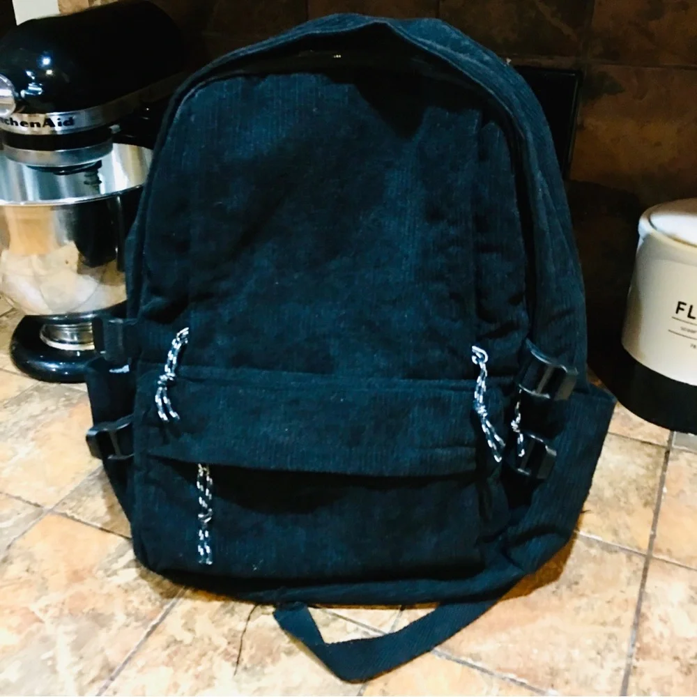 Black courderoy corduroy cotton ribbed knit backpack bag school college dorm